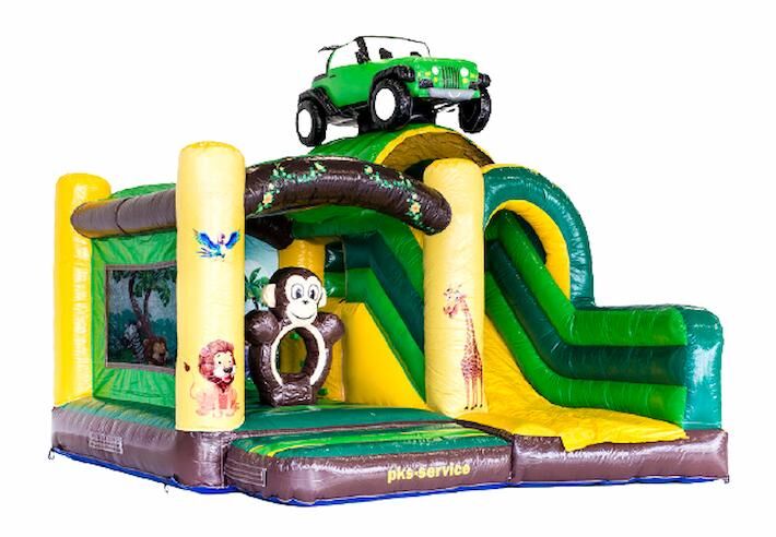 Maatwerk springkussen met auto en apen thema op aanvraag van de klant